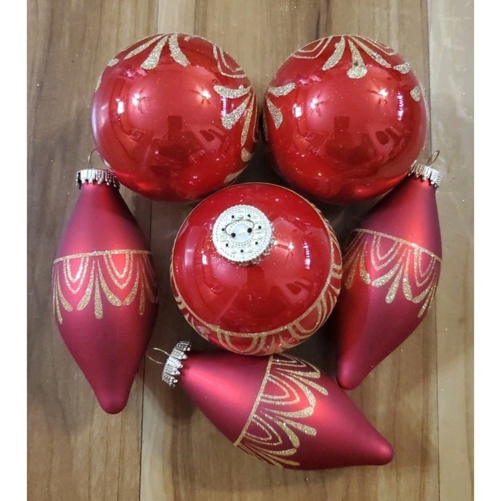 CBK Glass Red & Gold Christmas Glitter Ball Bulb & Tear Drop Ornaments 6 pc.